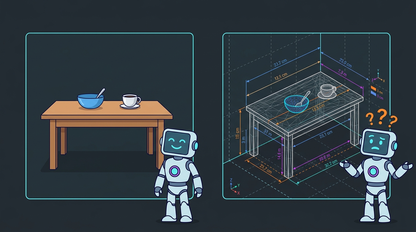 A robot describes a 2D scene easily but is unsure of the 3D measurements