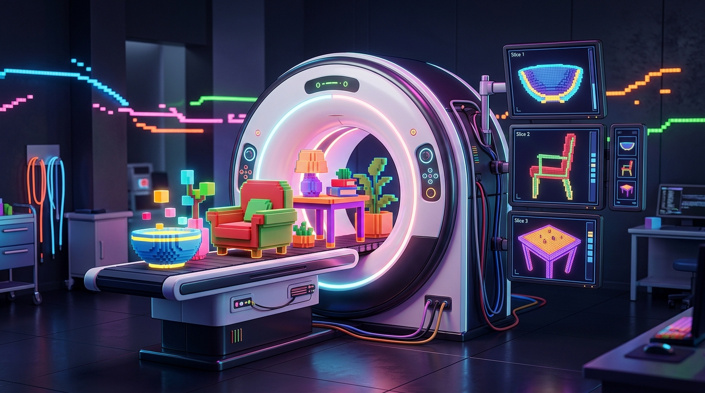 Voxel furniture passing through a CT scanner that outputs 2D slices