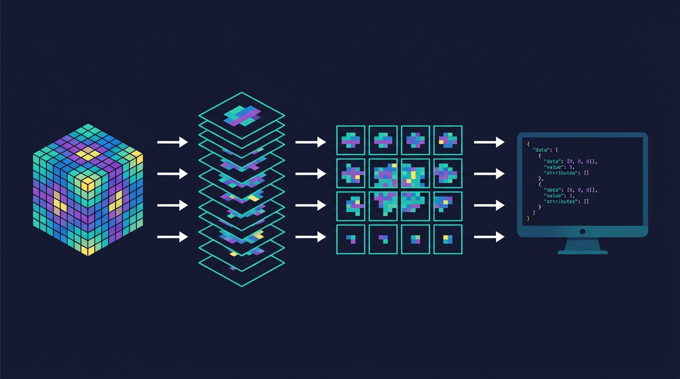 Pipeline diagram: voxel cube to slices to a 4x4 tiled image to JSON output