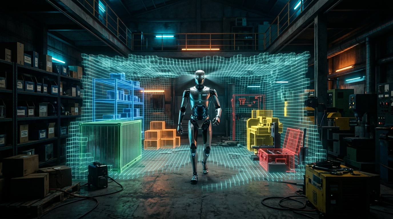A humanoid robot perceiving a warehouse as a voxel occupancy grid
