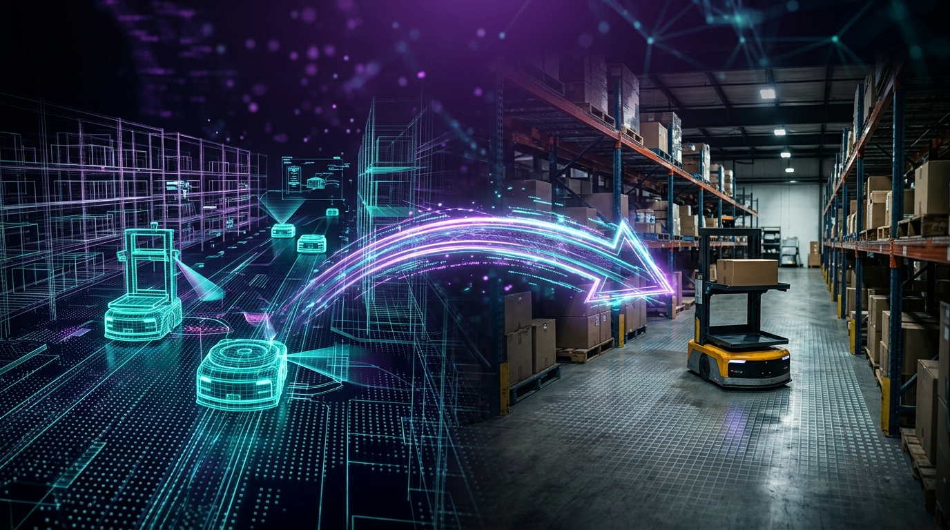 Autonomous mobile robots in a warehouse with a simulated digital overlay