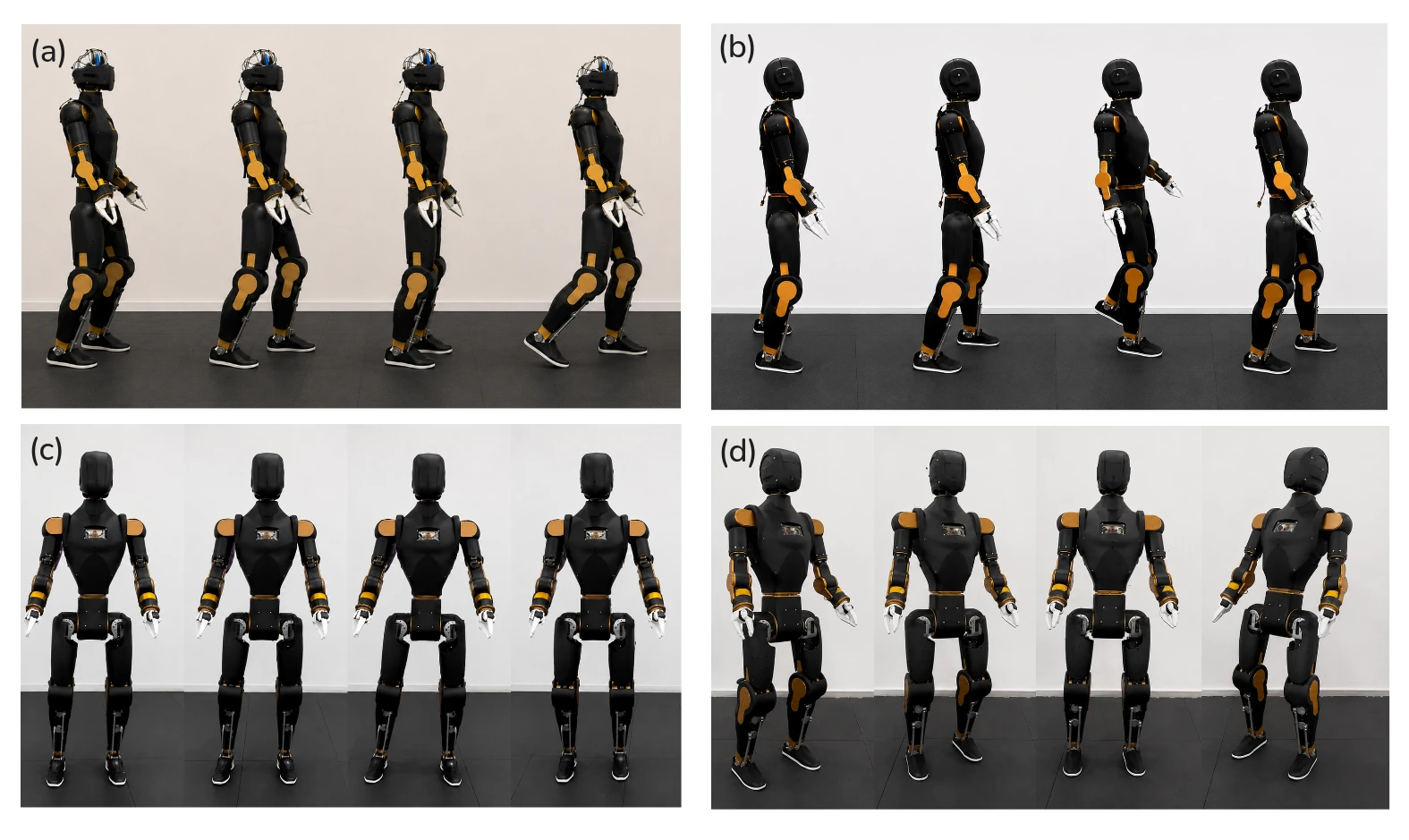 Four photo strips of the Asimov humanoid walking: forward, backward, sideways, and rotating in place